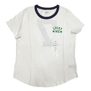 Old Navy Lucky Me Ringer Tee Sz M New White Cotton Short Sleeve Graphic T-Shirt